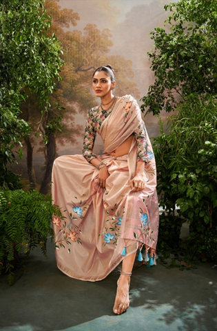 Dusty Rose Luxury Floral Woven Saree Collection | Designer Indian Sarees Online UK