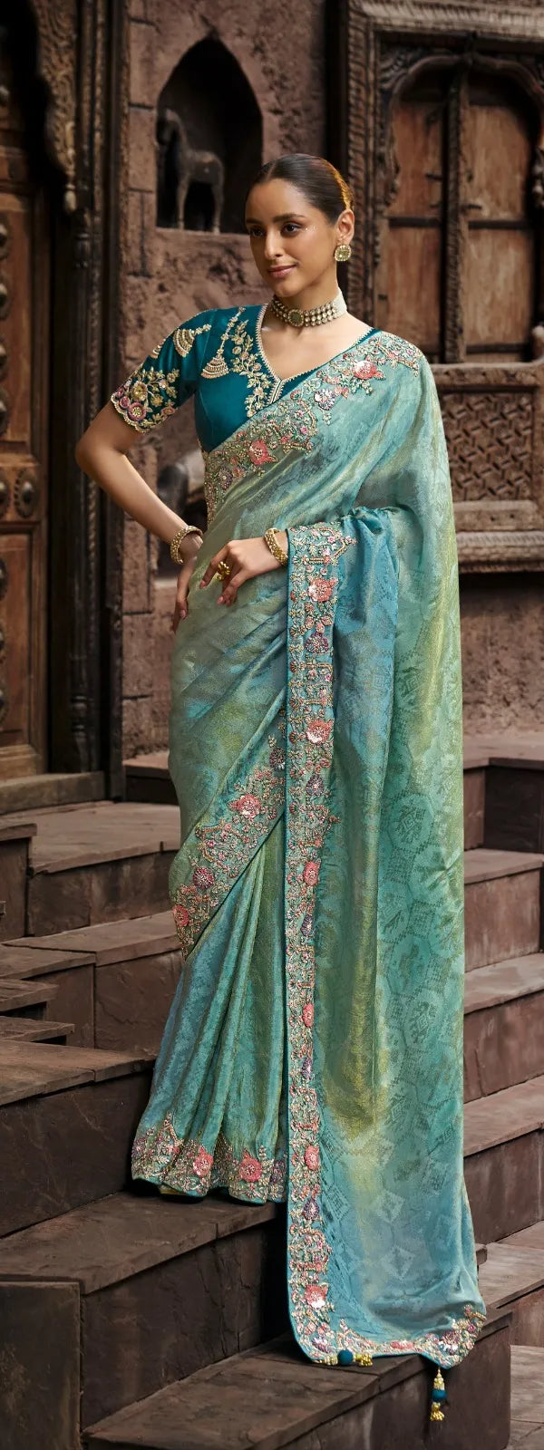 Teal Embroidery Sequins Work Tradional Viscose Tissue Saree