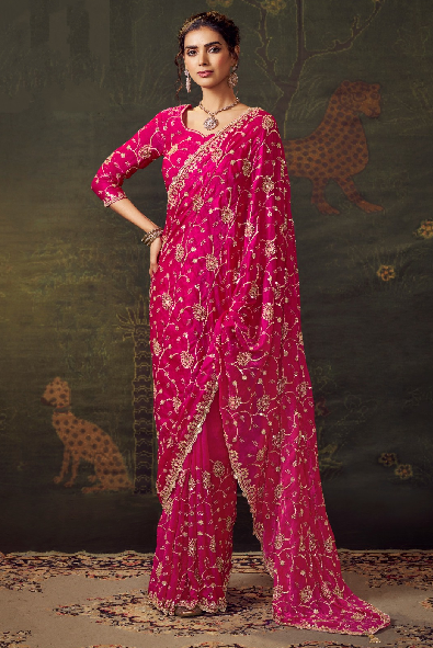 Pink Luxury Embroidered Saree | Designer Indian Wedding Saree UK