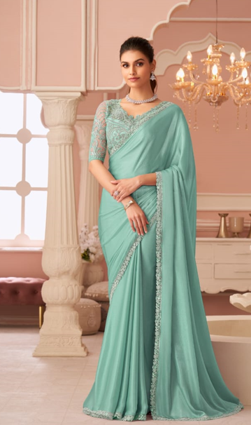 Sky Blue Pastel Embroidered Saree for Weddings & Parties | UK