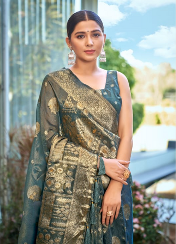 Teal Blue Banarasi Silk Saree with Traditional Zari Pallu | Indian Sarees Online UK