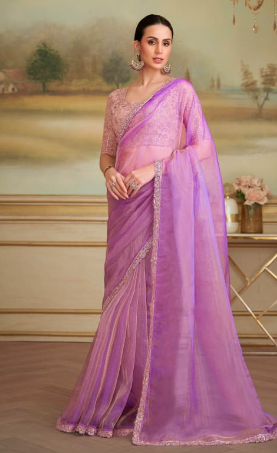 Lavender Elegant Embroidered Saree with Sheer Drape and Designer Blouse for Special Occasions