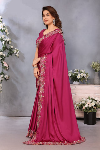 Embroidered Designer Pink Saree with Blouse Piece UK