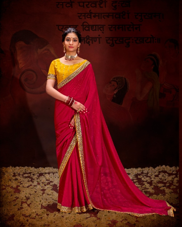 PINK COLOUR HEAVY VICHITRA BLOOMING WITH SWAROVSKI WORK &SEQUENCE UNIQUE BORDER (Copy)