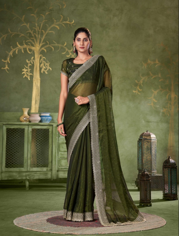 Olive Green Designer Chiffon Saree with Elegant Embroidered Border | Festive Wear UK