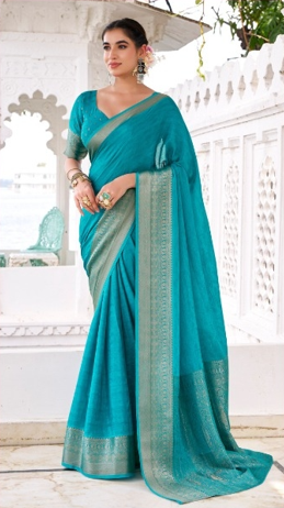 Firozi Luxury Silk Blend Sarees with Woven Border | Elegant Indian Sarees UK
