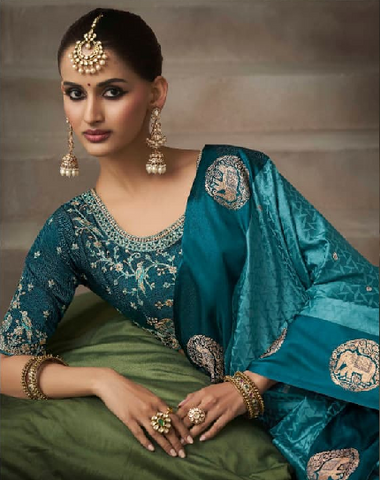 Sea Green Embroidered Silk Designer Saree | Luxury Wedding Saree UK