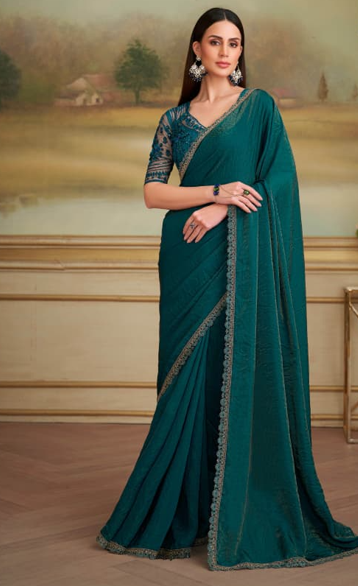 Peacock Green Saree with Lavender Border | UK Ethnic Wear