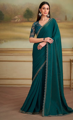 Peacock Green Saree with Lavender Border | UK Ethnic Wear