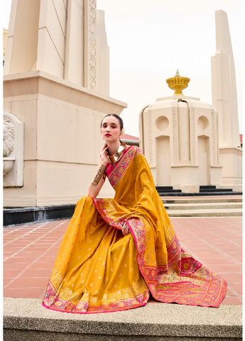Yellow Banarasi Silk Saree with Zari Border | Traditional Indian Ethnic Wear