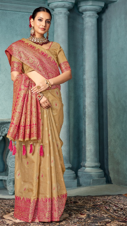 Soft Banarasi Silk Saree in  Golden  – Heavy Zari Weaving Border | Wedding & Party Wear Indian Saree UK