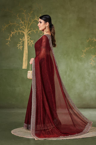 Wine Maroon Designer Chiffon Saree with Rich Embroidered Border | Wedding Wear UK