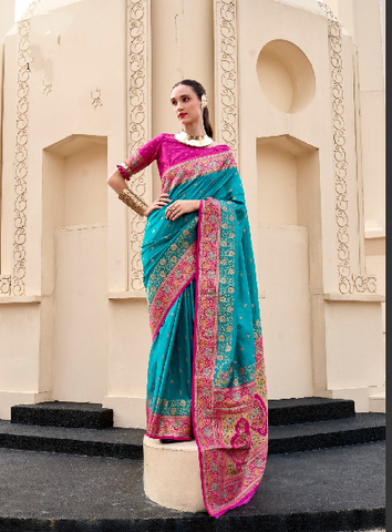 Sky Blue Banarasi Silk Saree with Zari Border | Traditional Indian Ethnic Wear