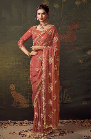 Orange Luxury Embroidered Saree | Designer Indian Wedding Saree UK