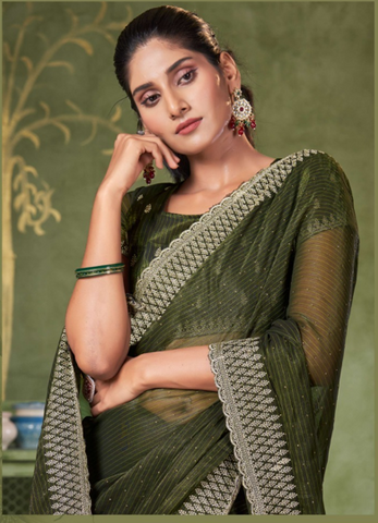Olive Green Designer Chiffon Saree with Elegant Embroidered Border | Festive Wear UK