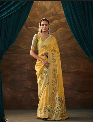 Yellow Embroidered Saree with Floral Border | Elegant Indian Ethnic Wear UK