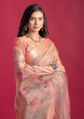 Peach Premium Printed Pure Linen Saree with Elegant Floral Design – Lightweight Party Wear Indian Saree UK