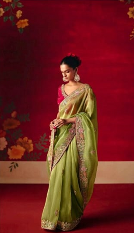 Olive Green Embroidered Designer Sarees for Women | Wedding Sarees UK