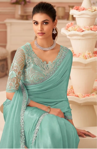 Sky Blue Pastel Embroidered Saree for Weddings & Parties | UK