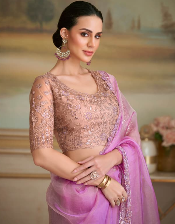 Lavender Elegant Embroidered Saree with Sheer Drape and Designer Blouse for Special Occasions