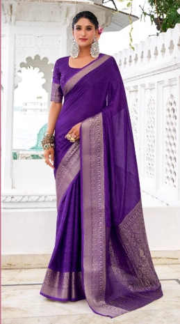 Purple Luxury Silk Blend Sarees with Woven Border | Elegant Indian Sarees UK