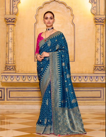 Blue Luxury Handloom Silk Saree with Rich Zari Work | Traditional Indian Saree UK