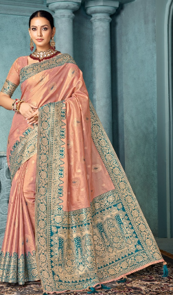Soft Banarasi Silk Saree in  PEACH – Heavy Zari Weaving Border | Wedding & Party Wear Indian Saree UK (Copy) (Copy) (Copy)