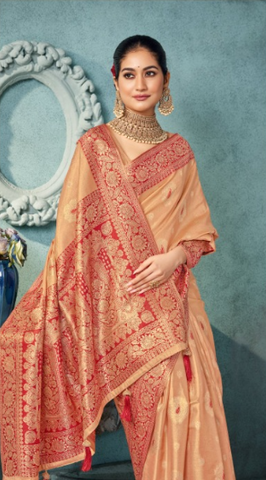 Soft Banarasi Silk Saree in  Beige Gold – Heavy Zari Weaving Border | Wedding & Party Wear Indian Saree UK