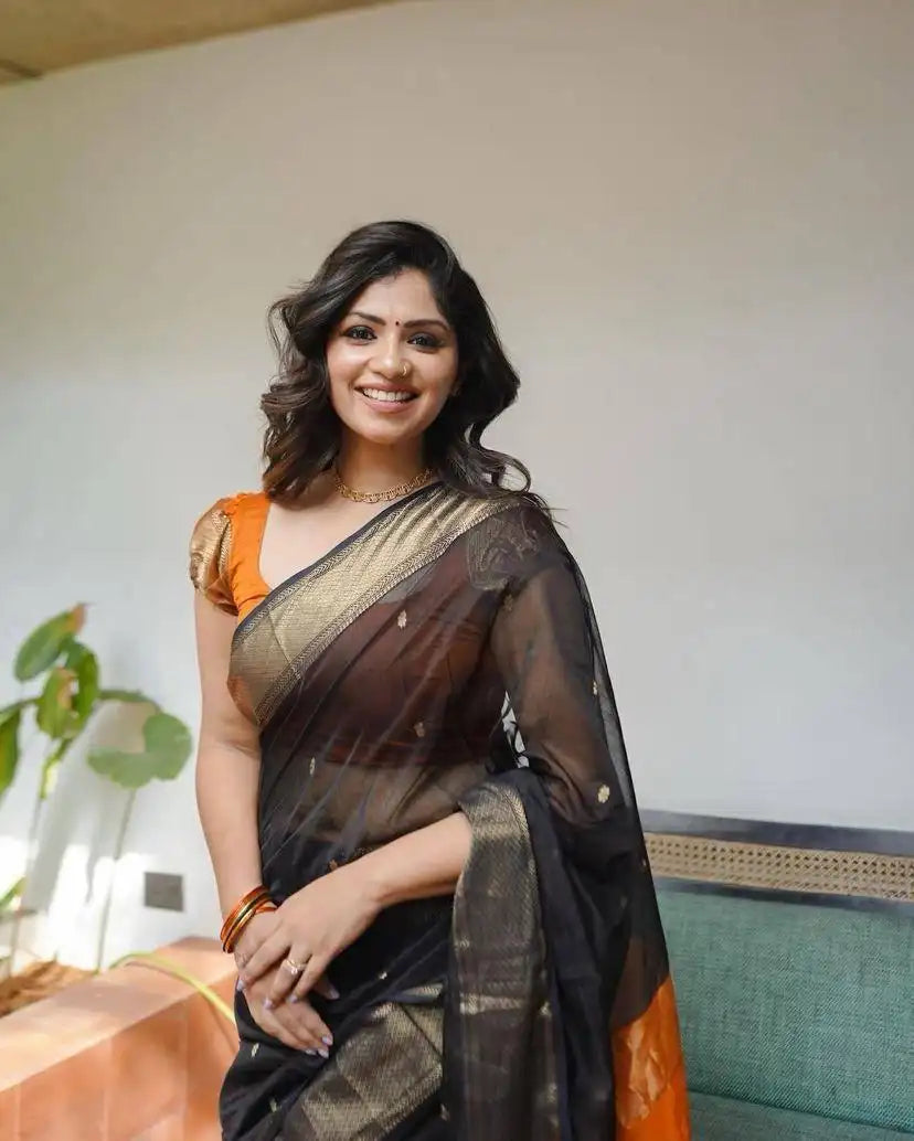 India Silk Black And Orange Sarees Made With Soft Lilian Slab Fabric Combine Traditional Charm With Exceptional Comfort