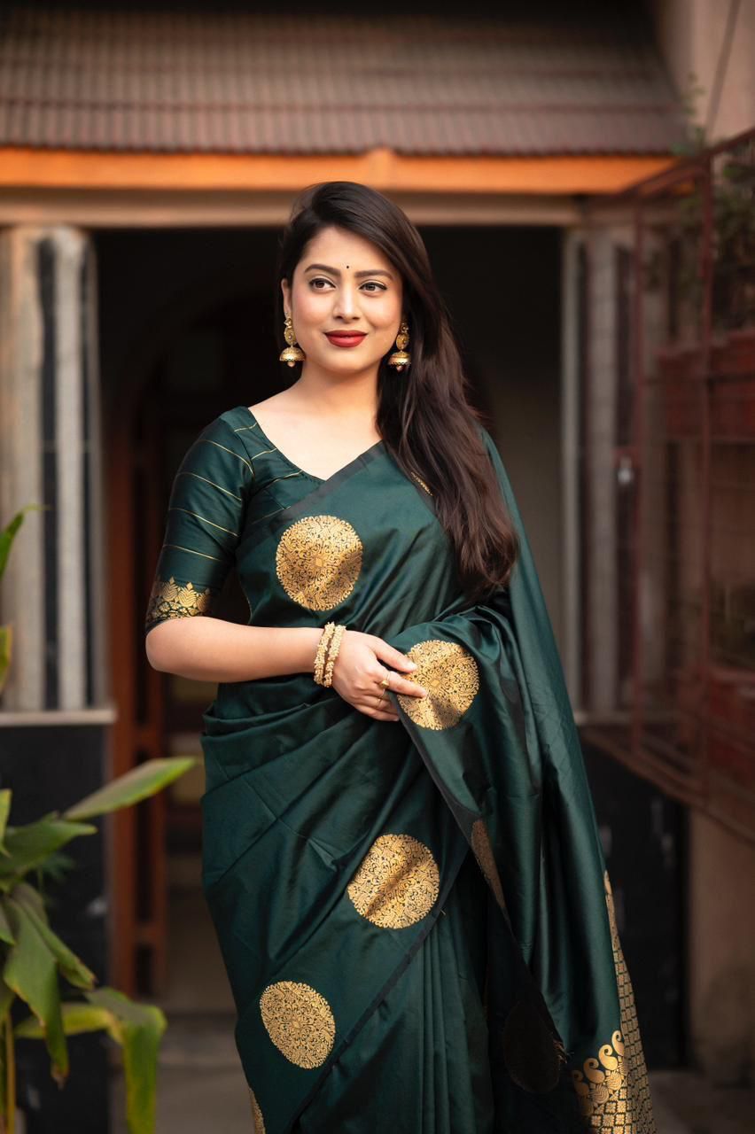 India Silk Dark Green Sarees Made From Soft Lichi Silk Cloth Combine Traditional Beauty With Exceptional Comfort