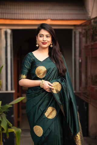 India Silk Dark Green Sarees Made From Soft Lichi Silk Cloth Combine Traditional Beauty With Exceptional Comfort