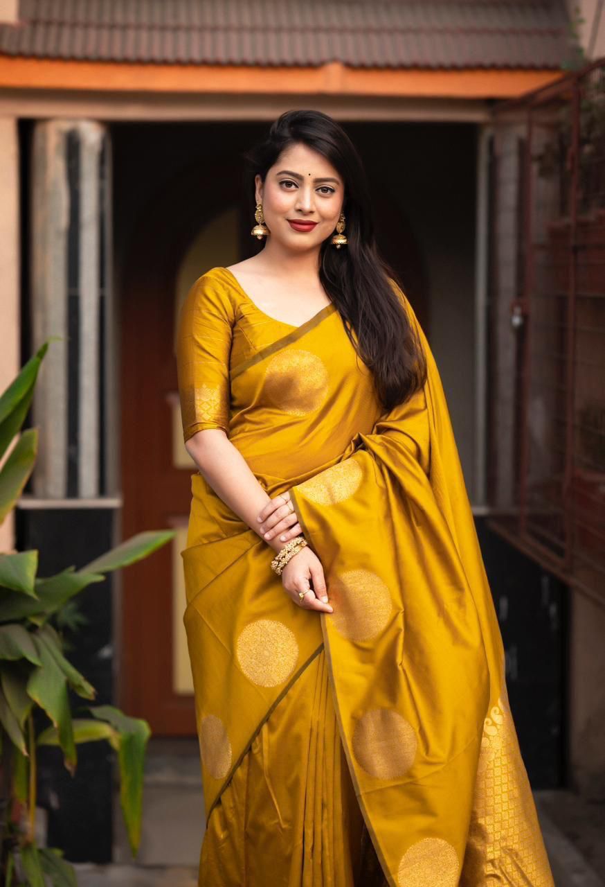 India Silk Yellow Sarees Made From Soft Lichi Silk Cloth Combine Traditional Beauty With Exceptional Comfort