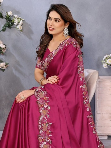 Embroidered Designer Pink Saree with Blouse Piece UK