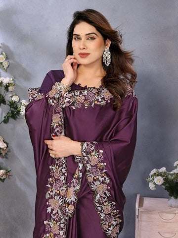 Embroidered Designer Purple Saree with Blouse Piece UK