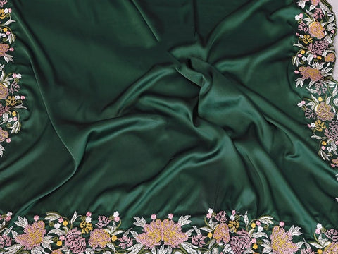 Embroidered Designer Bottle Green Saree with Blouse Piece UK