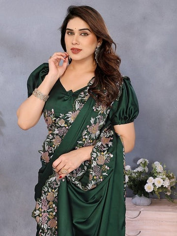 Embroidered Designer Bottle Green Saree with Blouse Piece UK