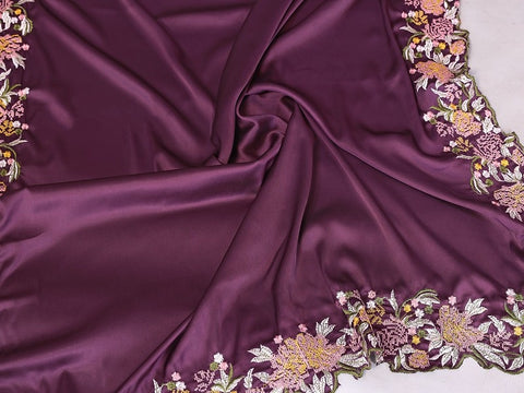 Embroidered Designer Purple Saree with Blouse Piece UK