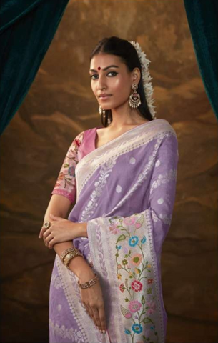 Lavender Embroidered Saree with Floral Border | Elegant Indian Ethnic Wear UK