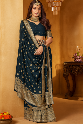 Royal Plum Zari Weaving Banarasi Silk Saree In Teal Blue| Indian Wedding & Party Wear