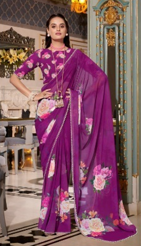 Purple Floral Printed Saree with Pearl Border | Elegant Sarees UK