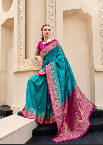 Sky Blue Banarasi Silk Saree with Zari Border | Traditional Indian Ethnic Wear