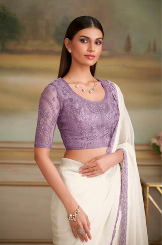 Elegant White Saree with Lavender Border | UK Ethnic Wear