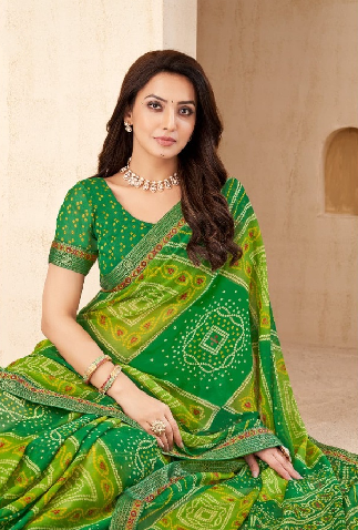 Green Traditional Bandhani Silk Saree with Woven Motifs | Premium Indian Ethnic Wear