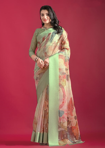 Pista Green Premium Printed Pure Linen Saree with Elegant Floral Design – Lightweight Party Wear Indian Saree UK