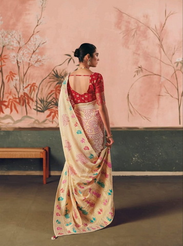 Cream Floral Silk Saree for Women | Designer Indian Saree UK