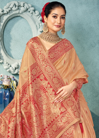 Soft Banarasi Silk Saree in  Beige Gold – Heavy Zari Weaving Border | Wedding & Party Wear Indian Saree UK