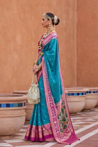 Firozi Designer Silk Saree with Traditional Border | Wedding Wear UK