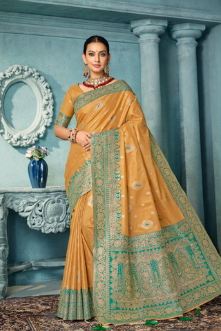 Soft Banarasi Silk Saree in  Mustard – Heavy Zari Weaving Border | Wedding & Party Wear Indian Saree UK