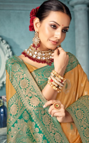 Soft Banarasi Silk Saree in  Mustard – Heavy Zari Weaving Border | Wedding & Party Wear Indian Saree UK