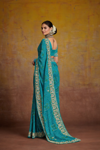 Firozi Embroidered Saree with Gold Border | Wedding & Festive Saree UK